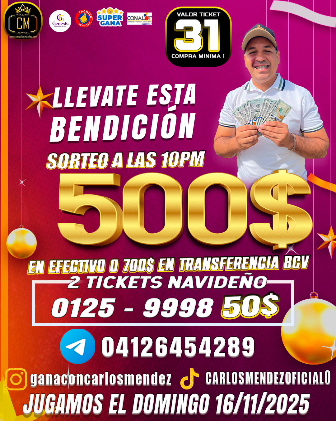 LLEVATE ESTA BENDICIÓN! POR TAN SOLO 31BS TE PUEDES GANAR 500$ EN EFECTIVO O 700$ EN TRANSFERENCIA A LAS 10PM