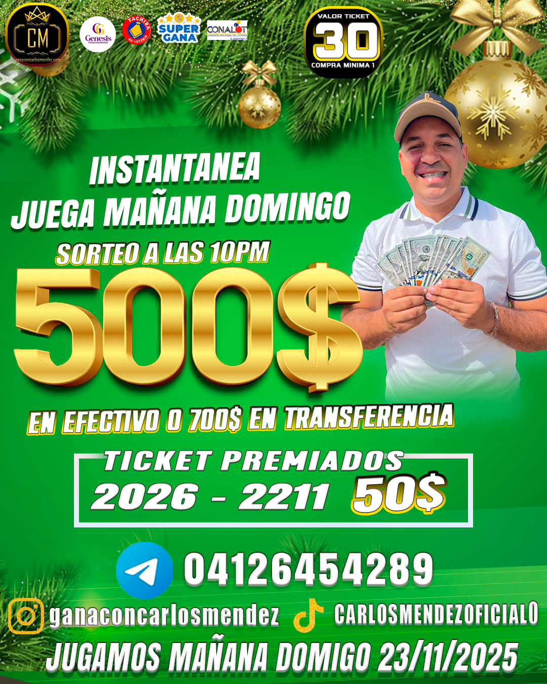 GANA 500$ POR TAN SOLO 30BS SORTEO MAÑANA DOMINGO A LAS 10PM