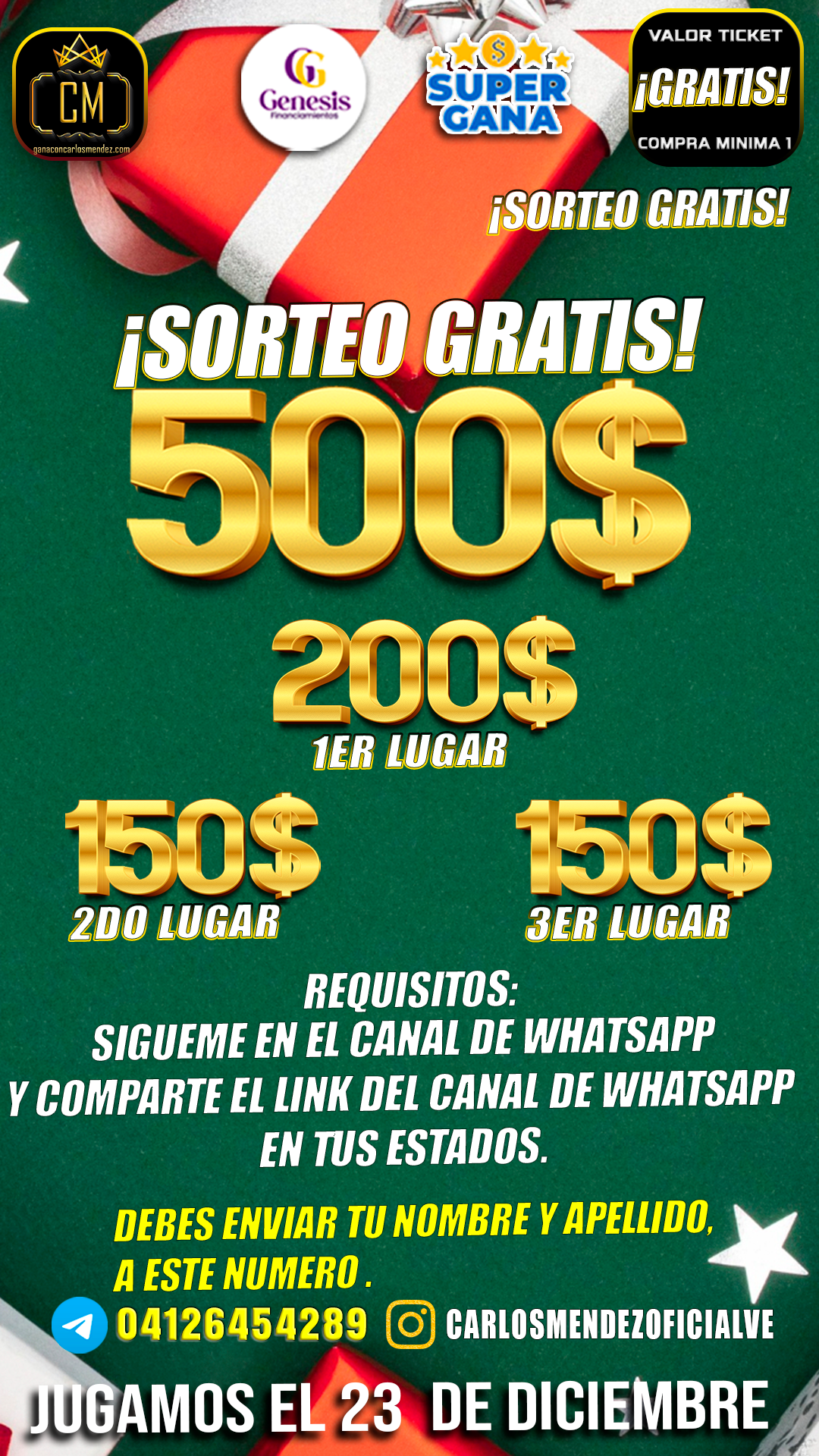 EL SORTEO SE VA A REALIZAR EL DÍA MARTES 23 DE DICIEMBRE.